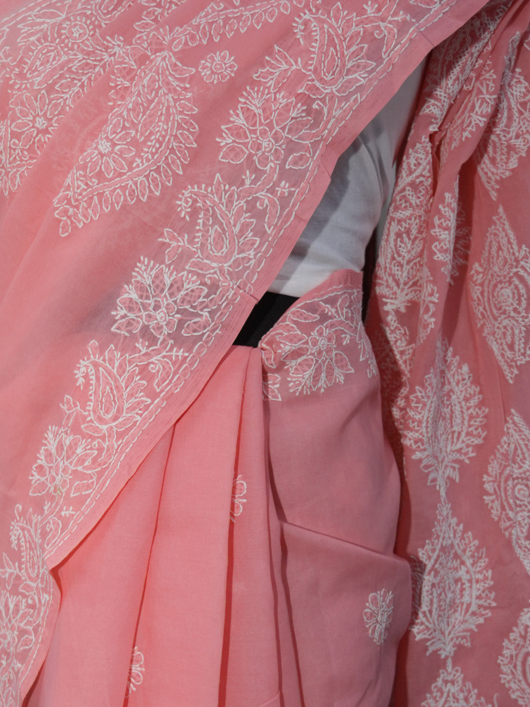 Hand Embroidered Chikankari Cotton Saree PCSAR02 Carrotpink