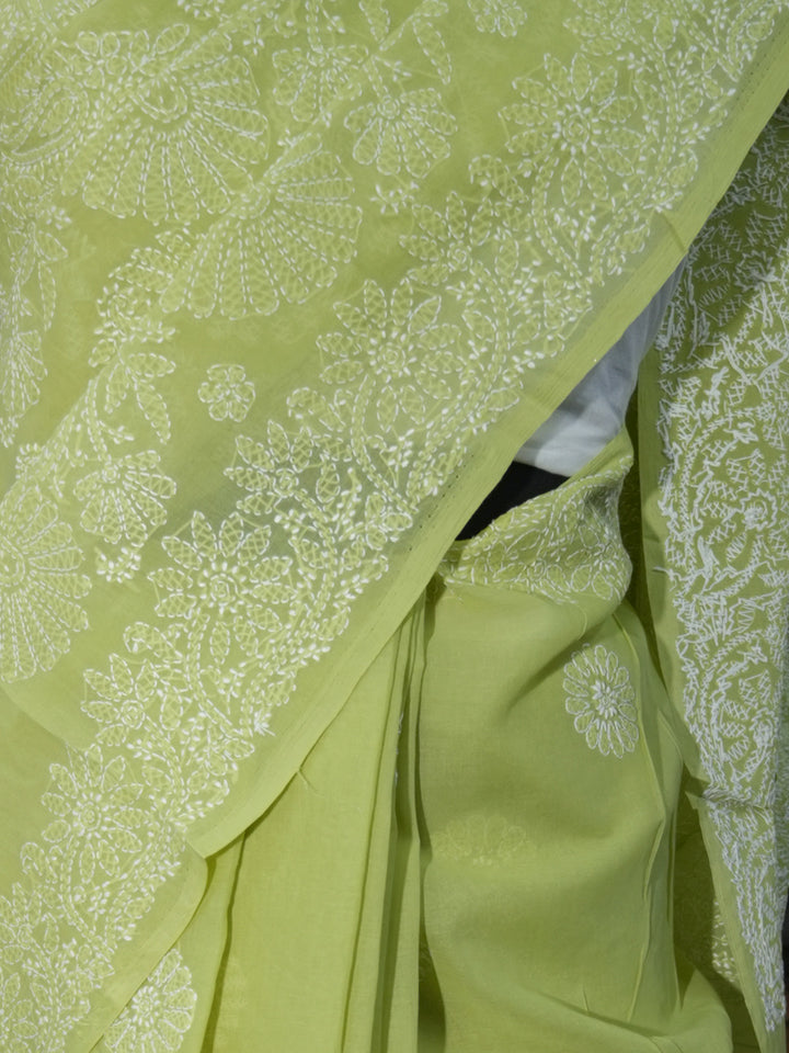 Hand Embroidered Chikankari Cotton Saree PCSAR02 Green