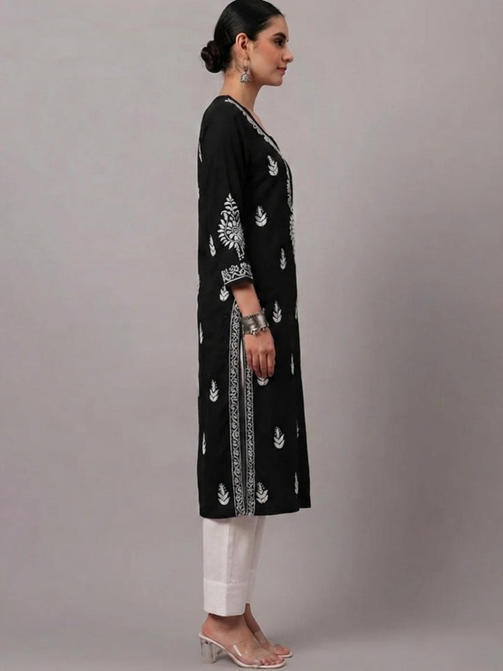 Women Hand Embroidered Chikankari Rayon Kurta PC4076 Black