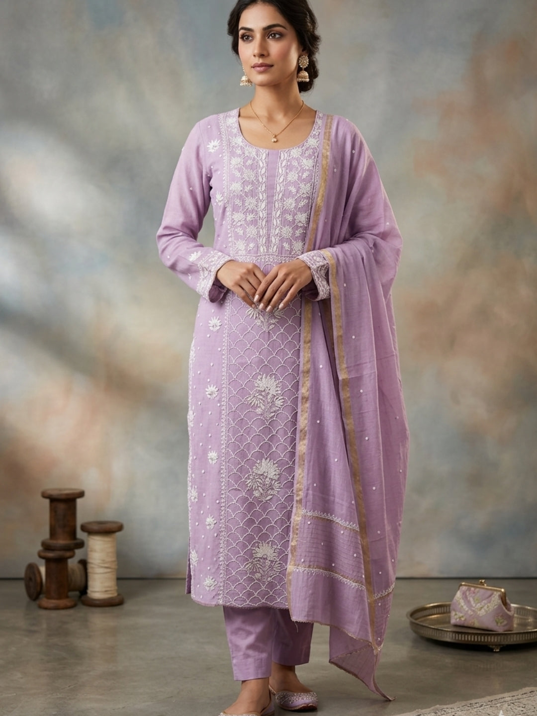 Women Hand Embroidered Chanderi Chikankari Dress Material PCSCA85203FS-LAVENDER