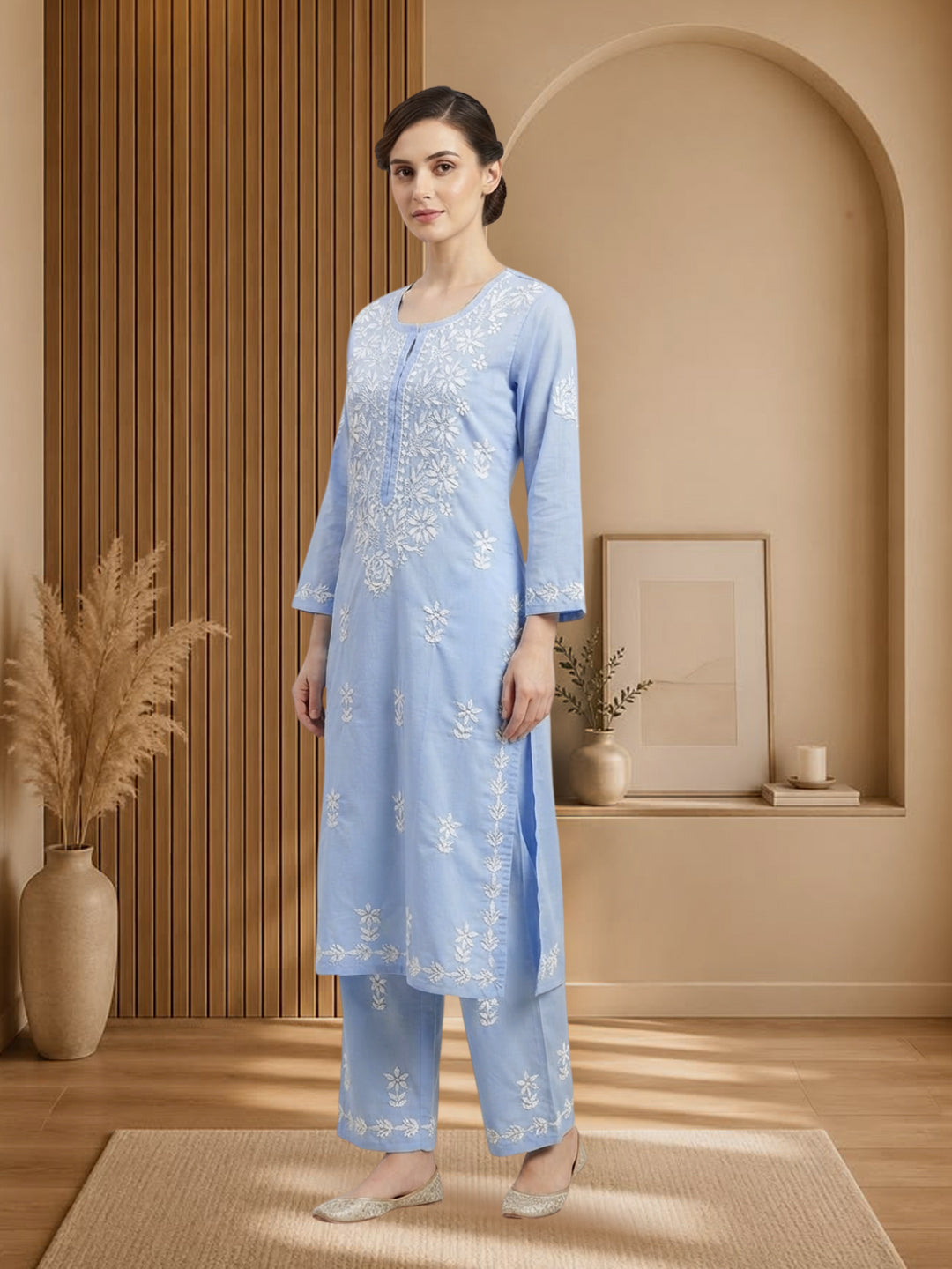 Women Hand Embroidered Chikankari Cotton Kurta Set PC4135KS Denim