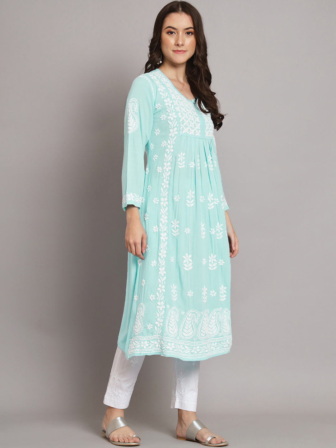 Hand Embroidered Chikankari Modal A-Line Kurta-PC3549 Seagreen