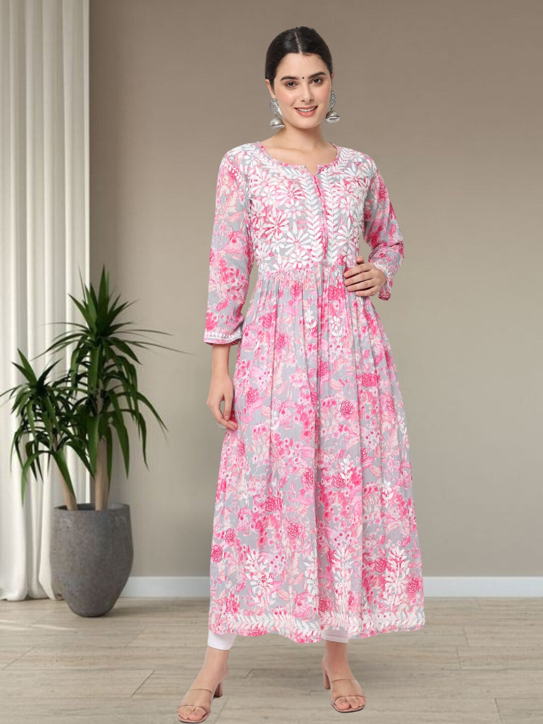 Hand Embroidered Chikankari Mulmul A-Line Kurta- PC3581