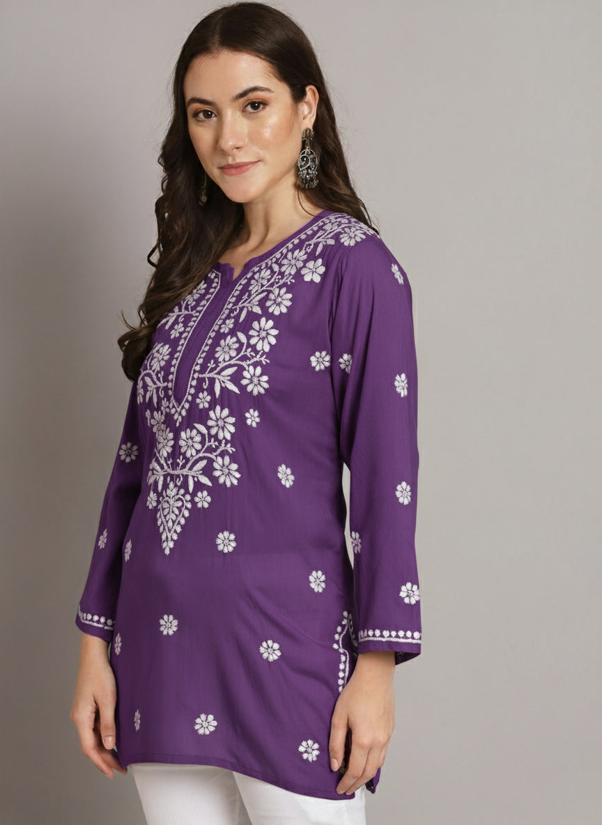 Women Hand Embroidered Chikankari Modal Kurti PC3611 Darkmauve