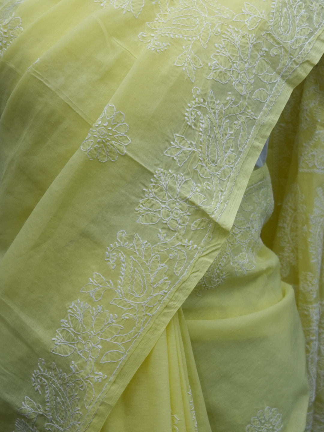 Hand Embroidered Chikankari Cotton Saree PCSAR02 Limegreen
