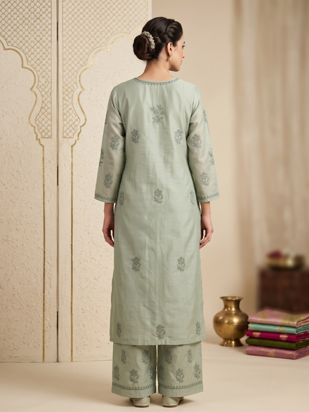 Women Hand Embroidered Chikankari Chanderi Kurta Set PC4119KS