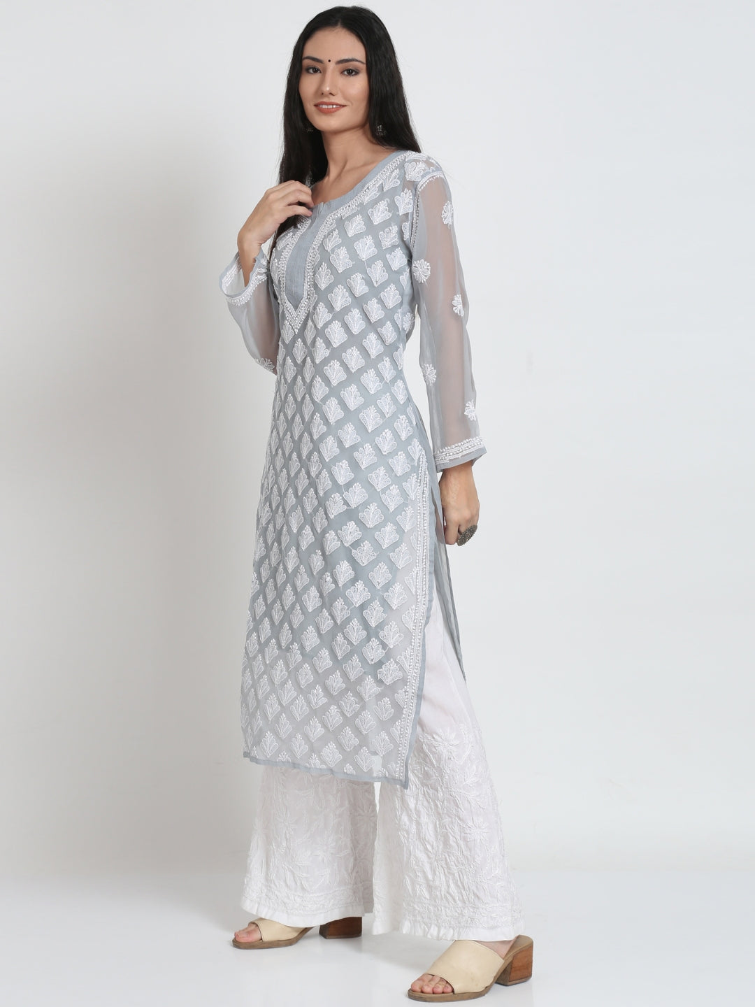 Hand Embroidered Chikankari Georgette Straight Kurta With Matching Slip- PC3484