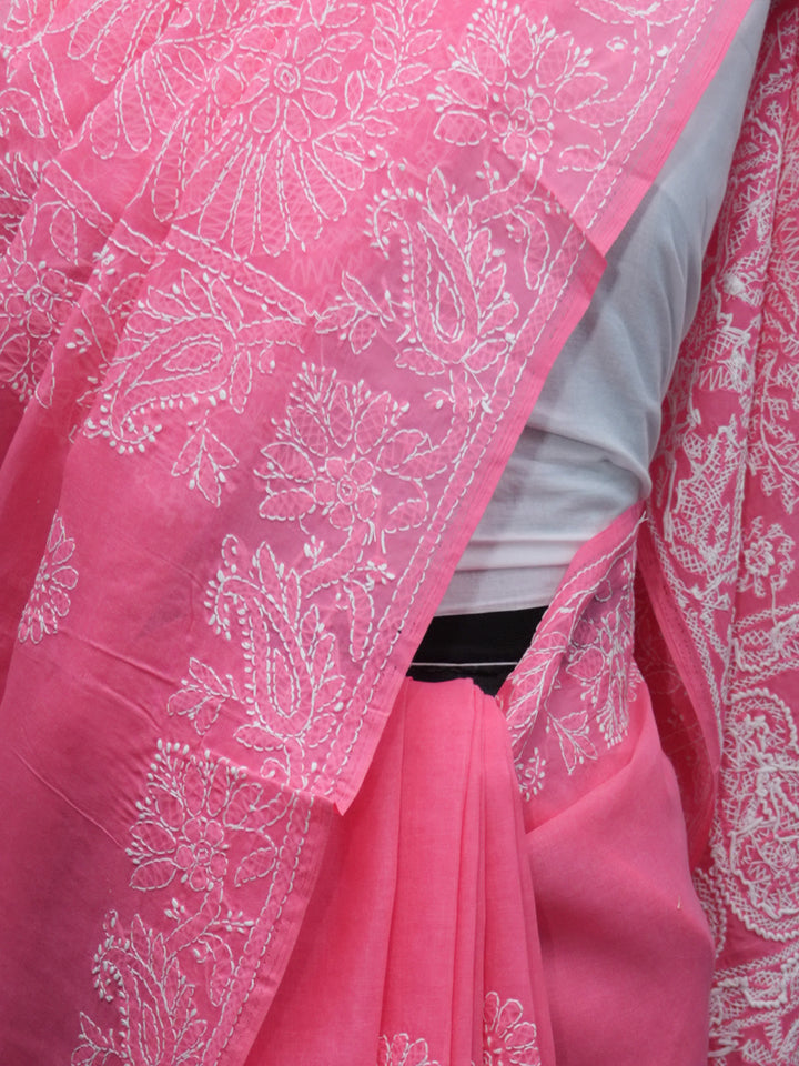 Hand Embroidered Chikankari Cotton Saree PCSAR02 Darkpink