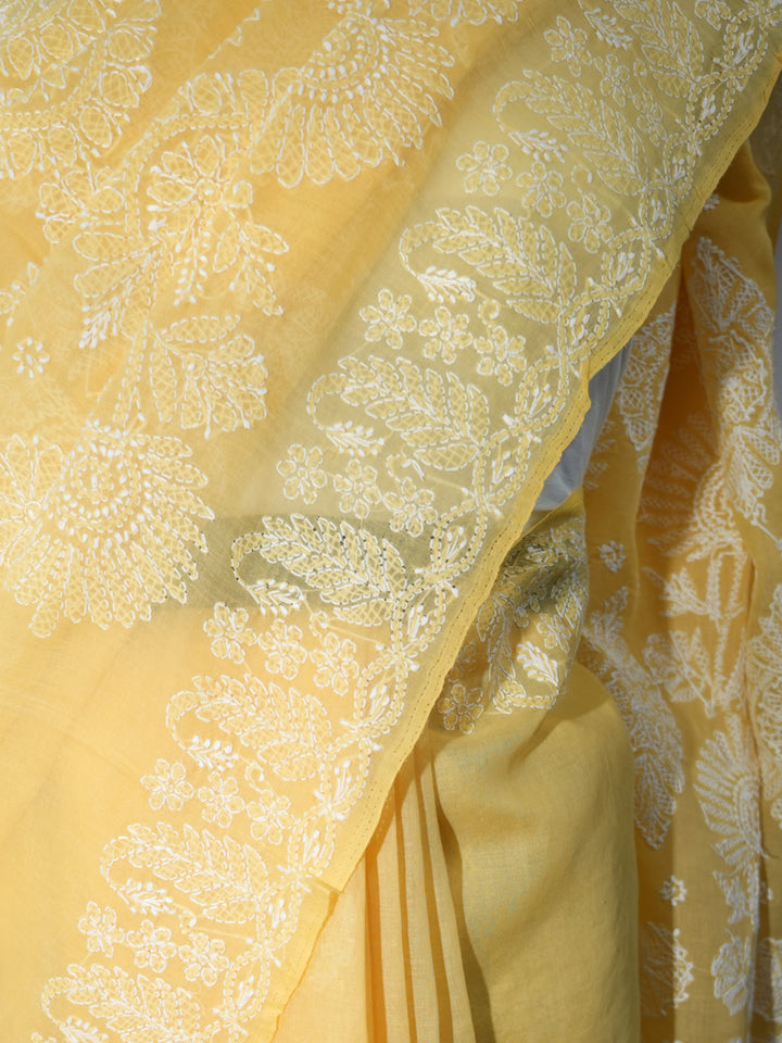 Hand Embroidered Chikankari Cotton Saree PCSAR02 Yellow
