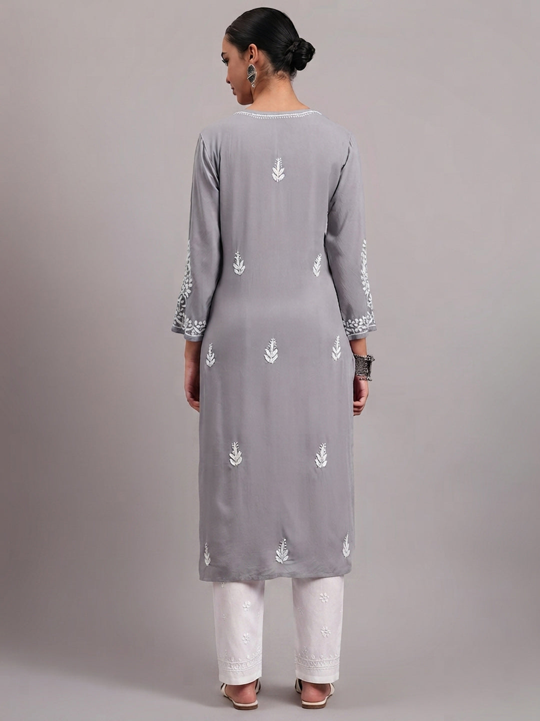 Women Hand Embroidered Chikankari Rayon Kurta PC4076 Grey