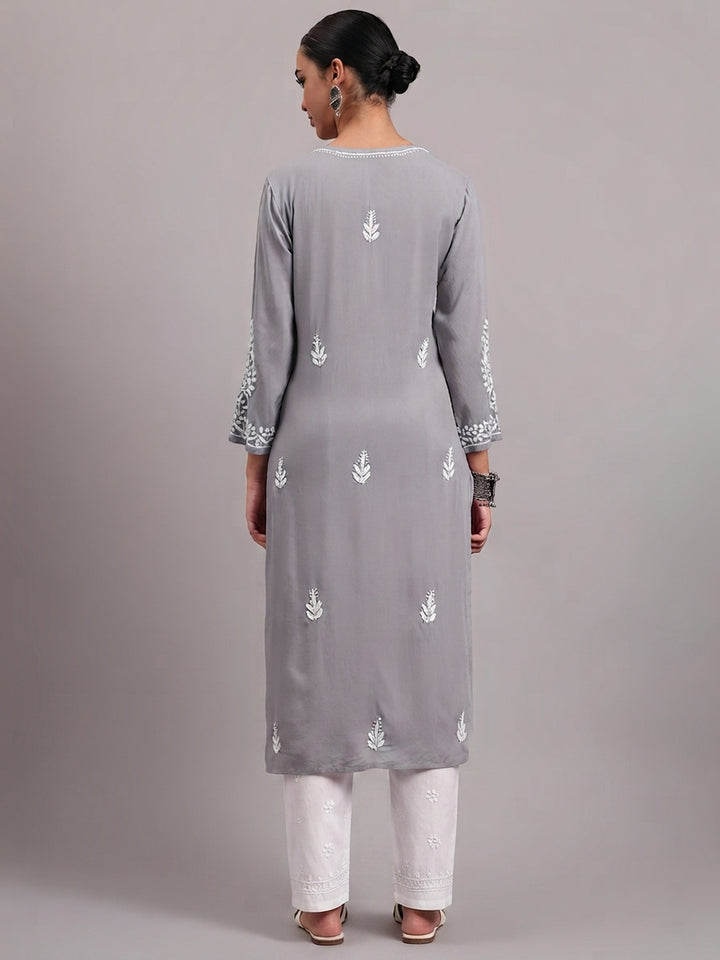 Women Hand Embroidered Chikankari Rayon Kurta PC4076 Grey