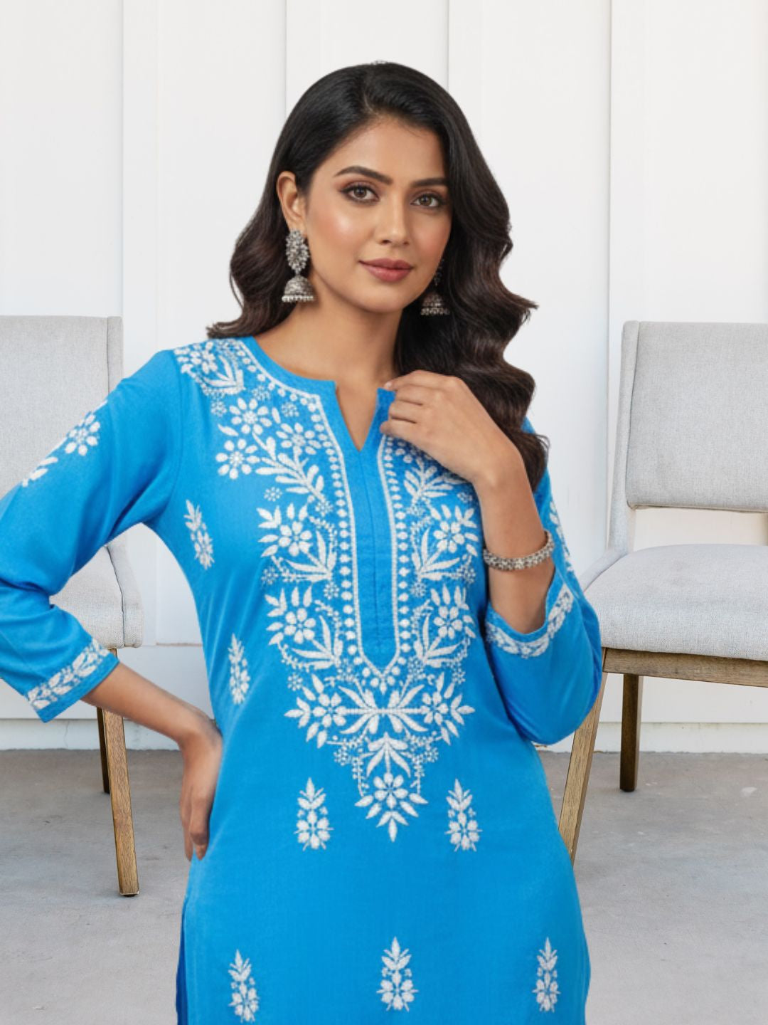 Women Hand Embroidered Chikankari Cotton kurta set PC4107KS Denim