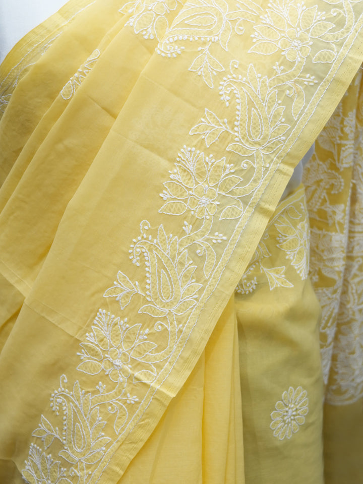 Hand Embroidered Chikankari Cotton Saree PCSAR02 Lightyellow