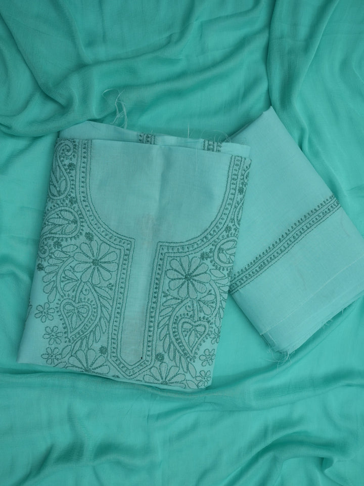 Women Hand Embroidered Cotton Chikankari Dress MaterialPCSCU00103FS-GREEN