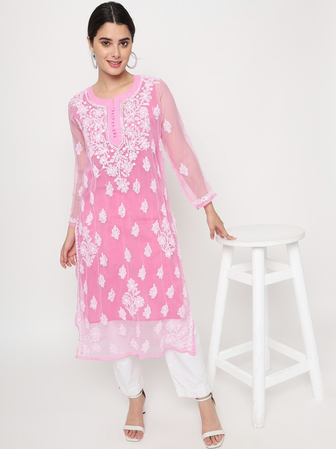 Hand Embroidered Chikankari Georgette Straight Kurta With Matching Slip-PC3560