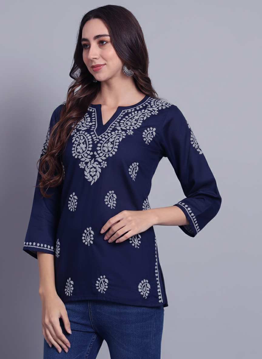 Women Hand Embroidered Chikankari Cotton Kurti PC3828