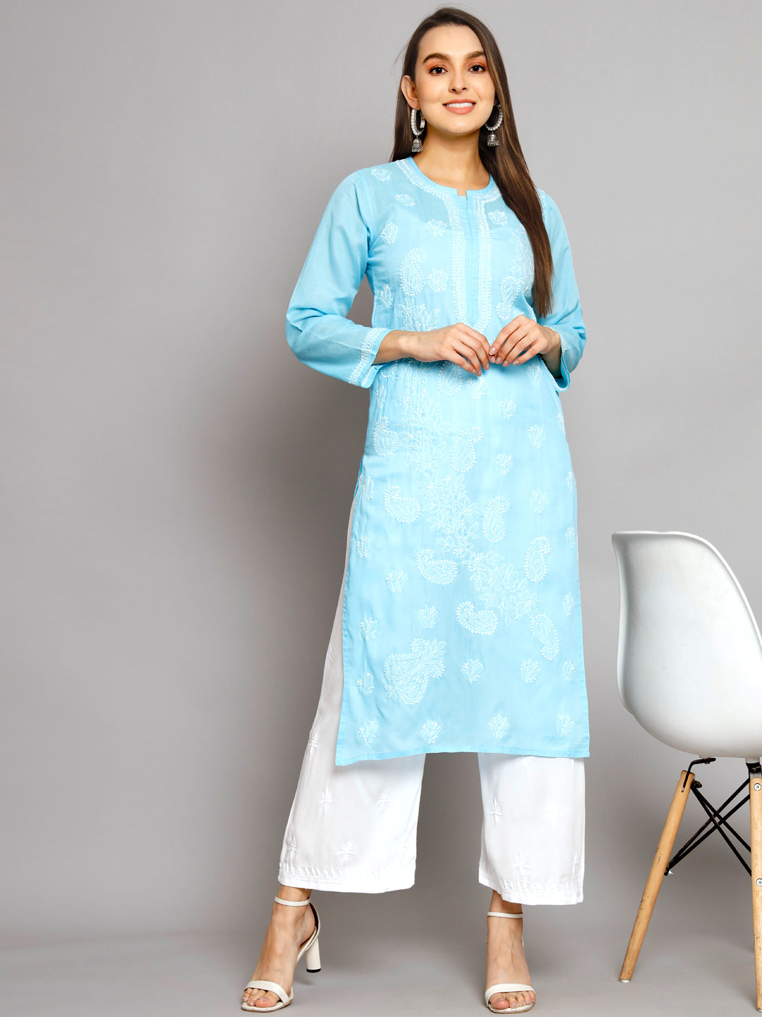 Hand Embroidered Chikankari Cotton Straight Kurta PC3496