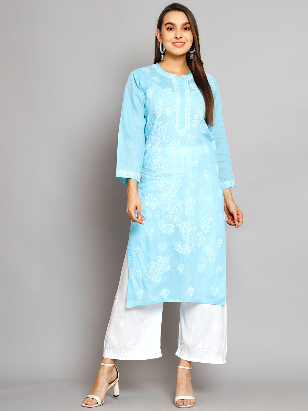 Hand Embroidered Chikankari Cotton Straight Kurta PC3496