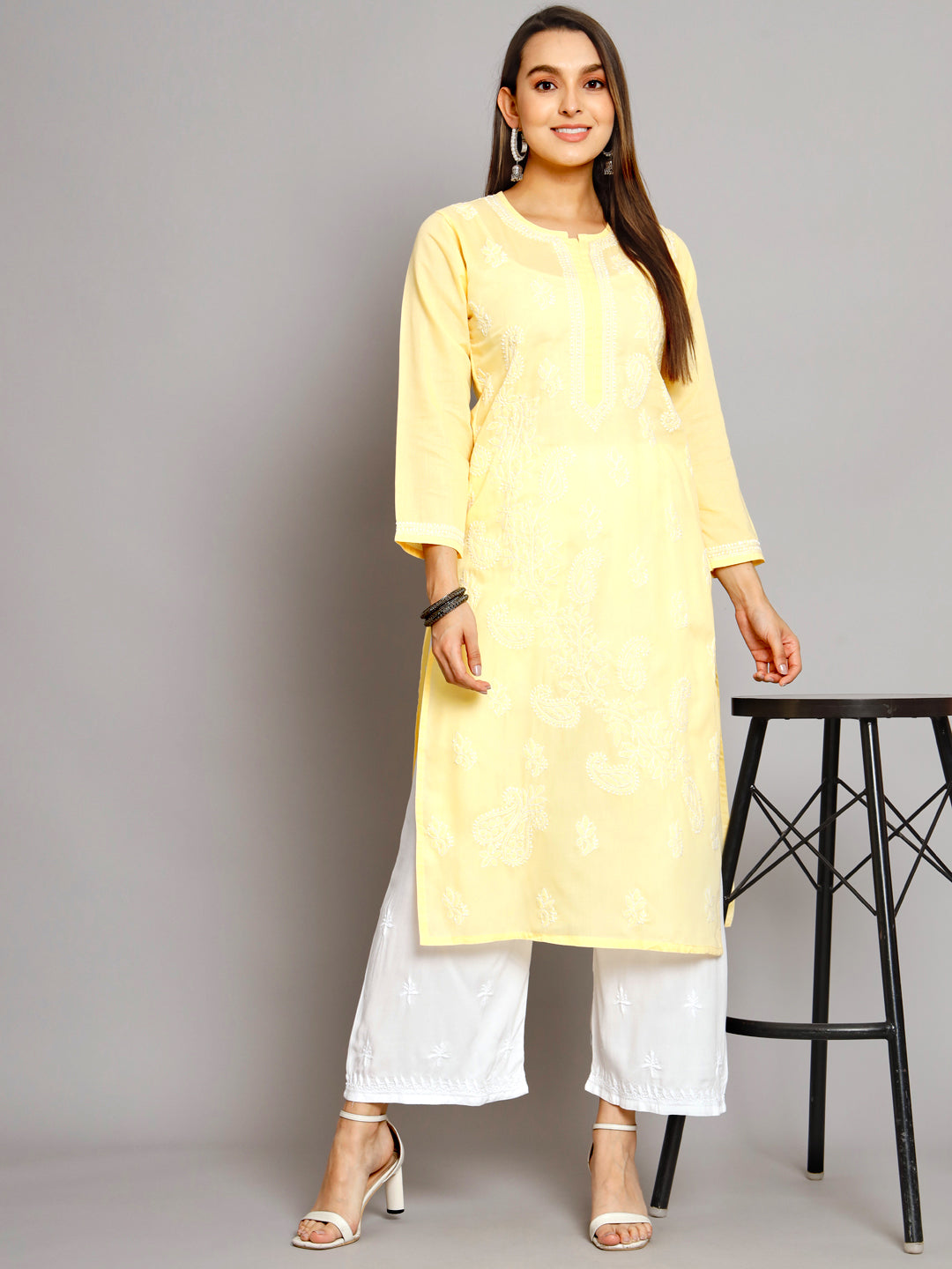 Hand Embroidered Chikankari Cotton Straight Kurta PC3496