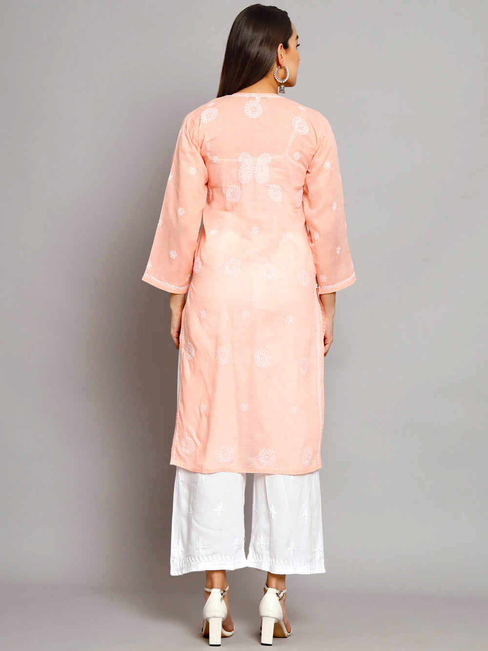 Peachpuff Chikankari Cotton Straight Kurta – Floral Embroidery – Styled Look