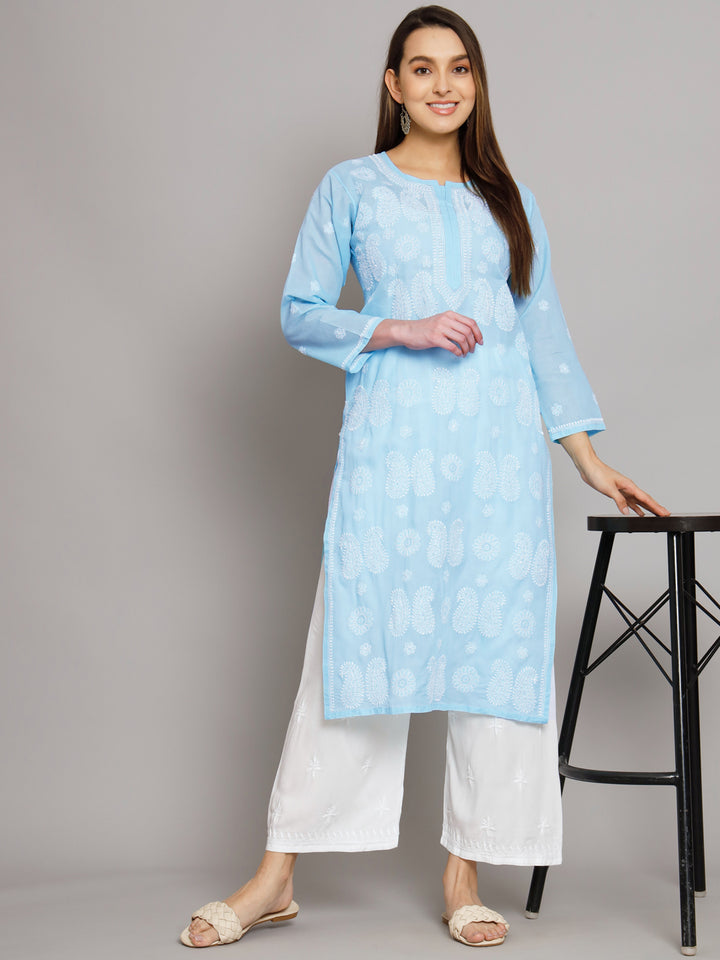 Hand Embroidered Chikankari Cotton Straight Kurta- PC3495