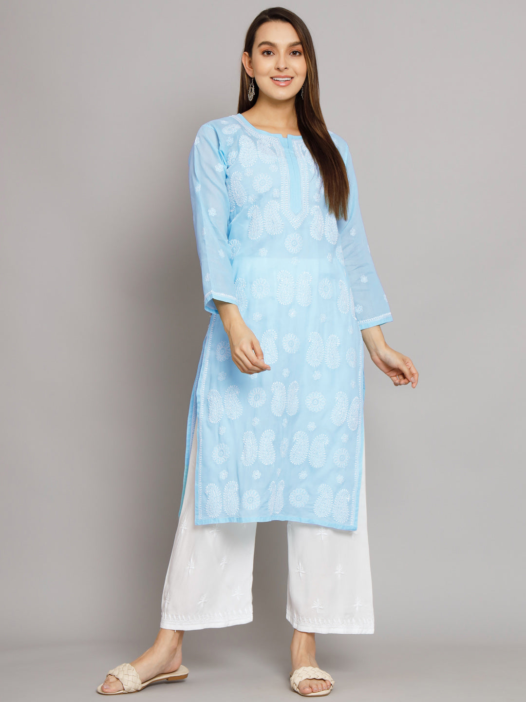 Hand Embroidered Chikankari Cotton Straight Kurta- PC3495