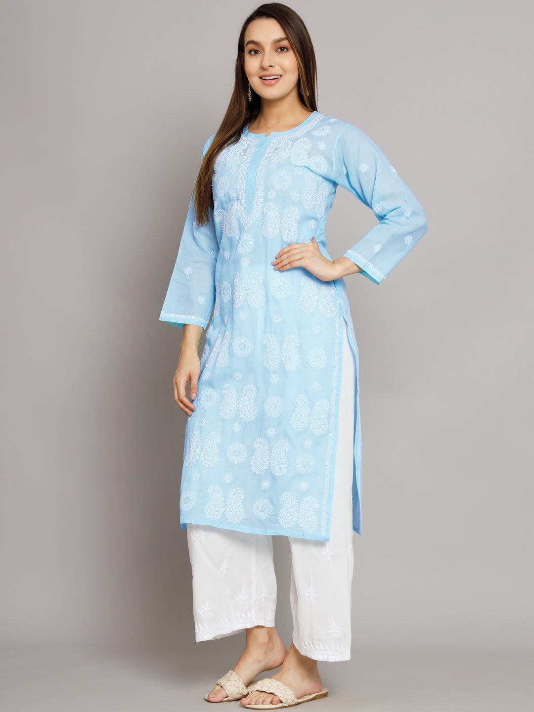 Hand Embroidered Chikankari Cotton Straight Kurta- PC3495