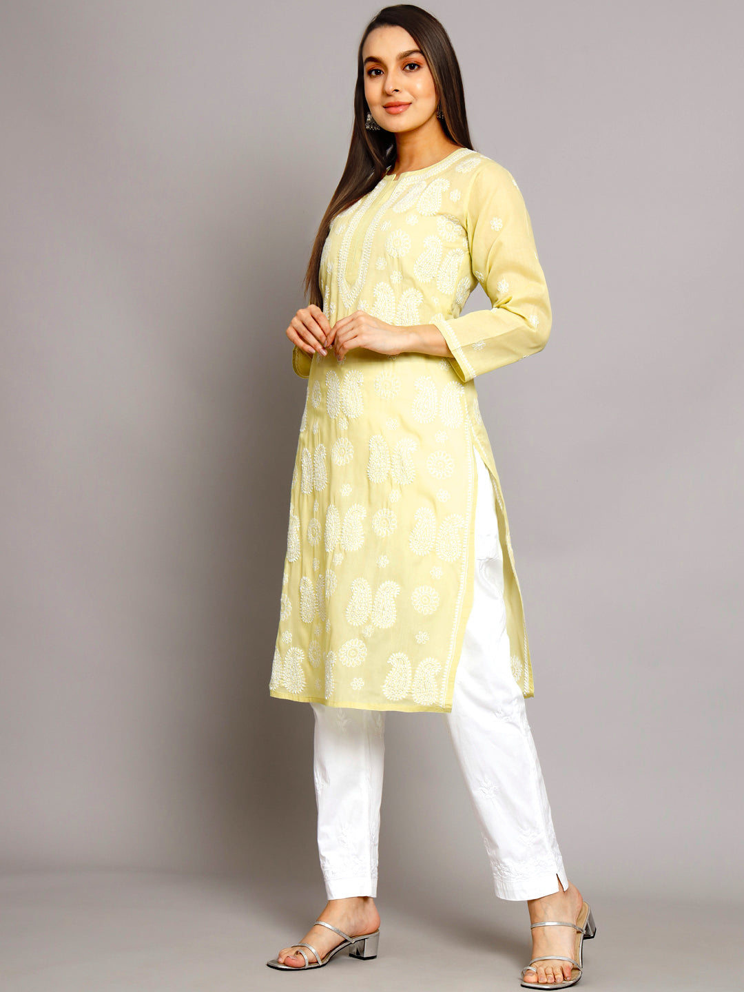 Hand Embroidered Chikankari Cotton Straight Kurta- PC3495