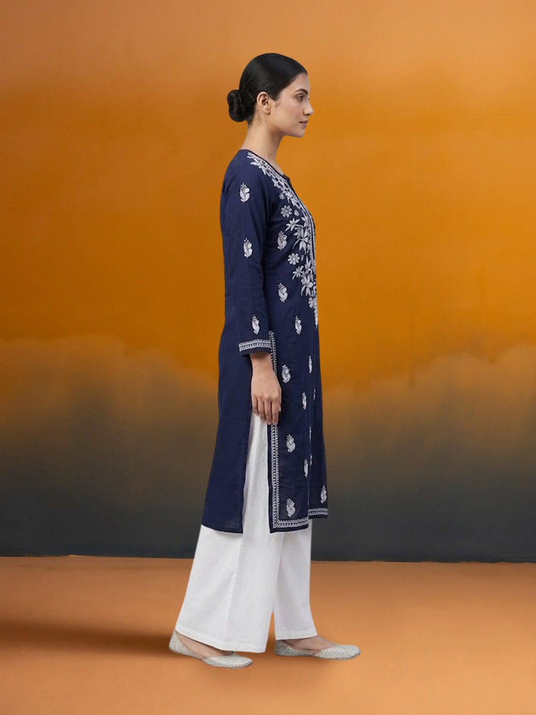 Hand Embroidered Chikankari Cotton Straight Kurta- PC3372 Navy