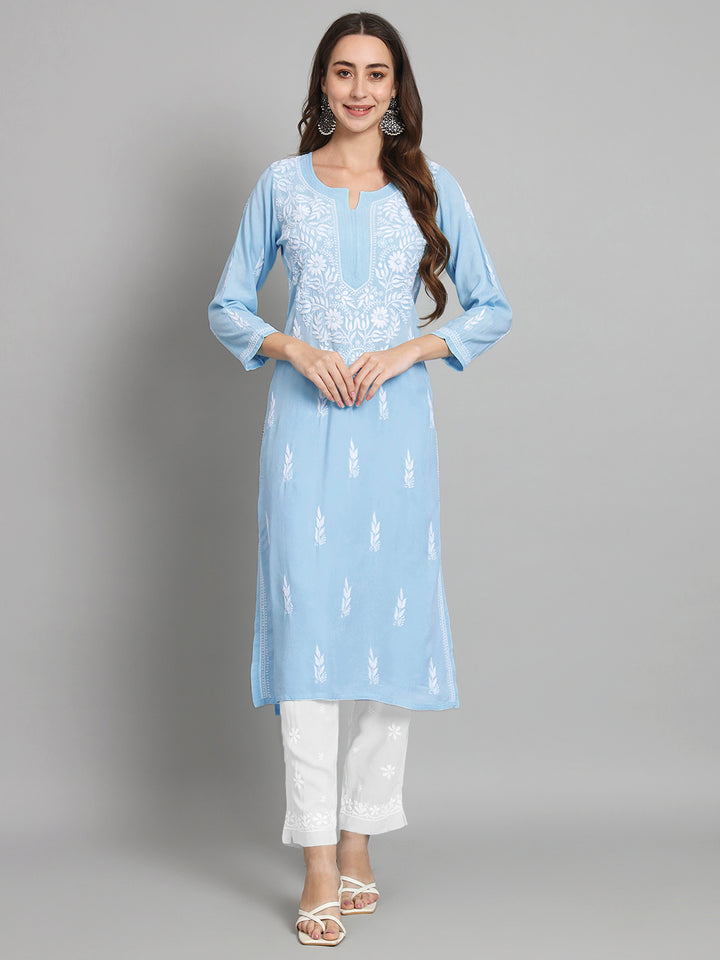 Hand Embroidered White Chikankari Rayon straight Kurta-PC3451