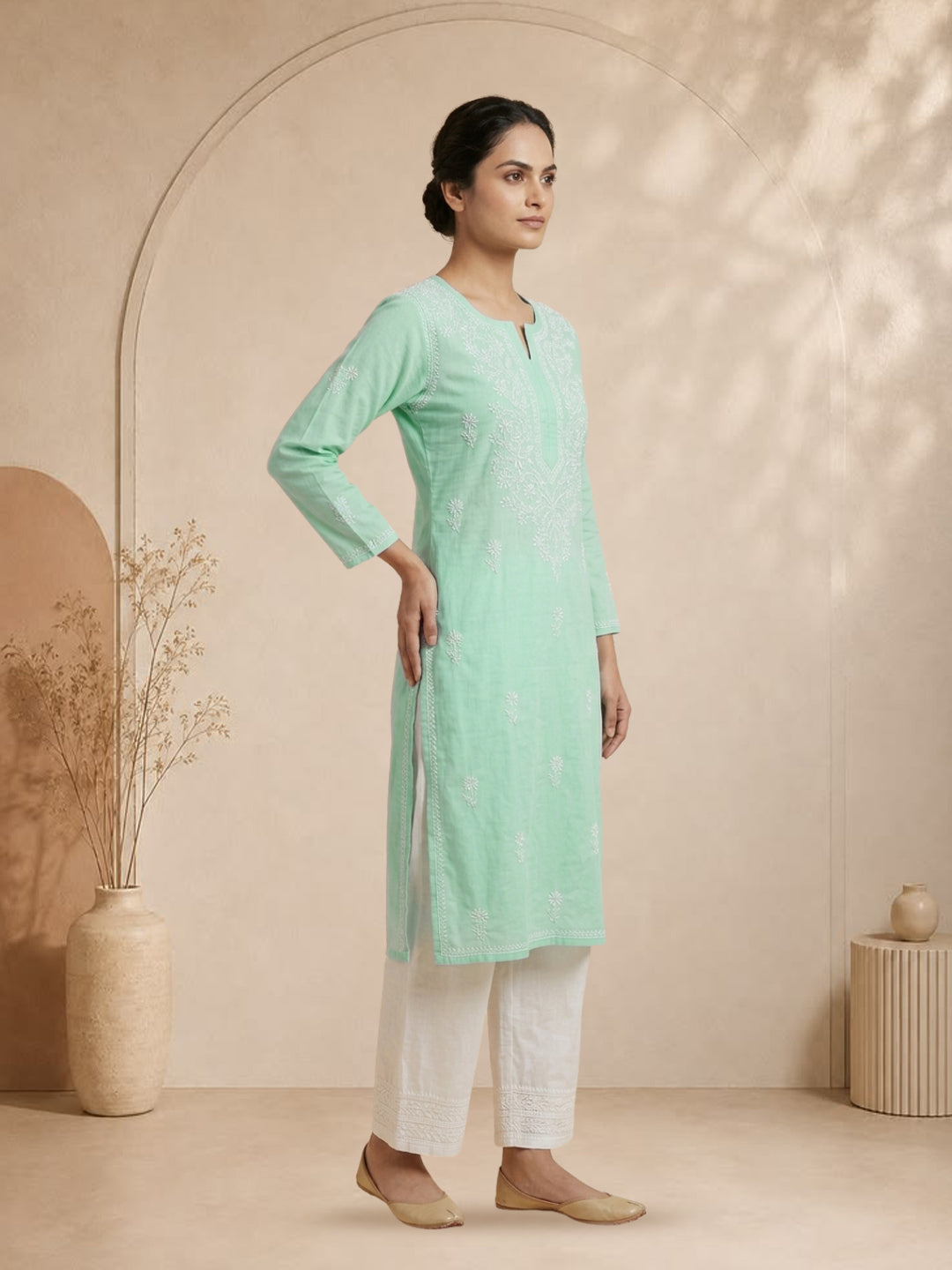 Hand Embroidered Chikankari Straight Floral  Cotton Kurta -NTV115 Lightseagreen