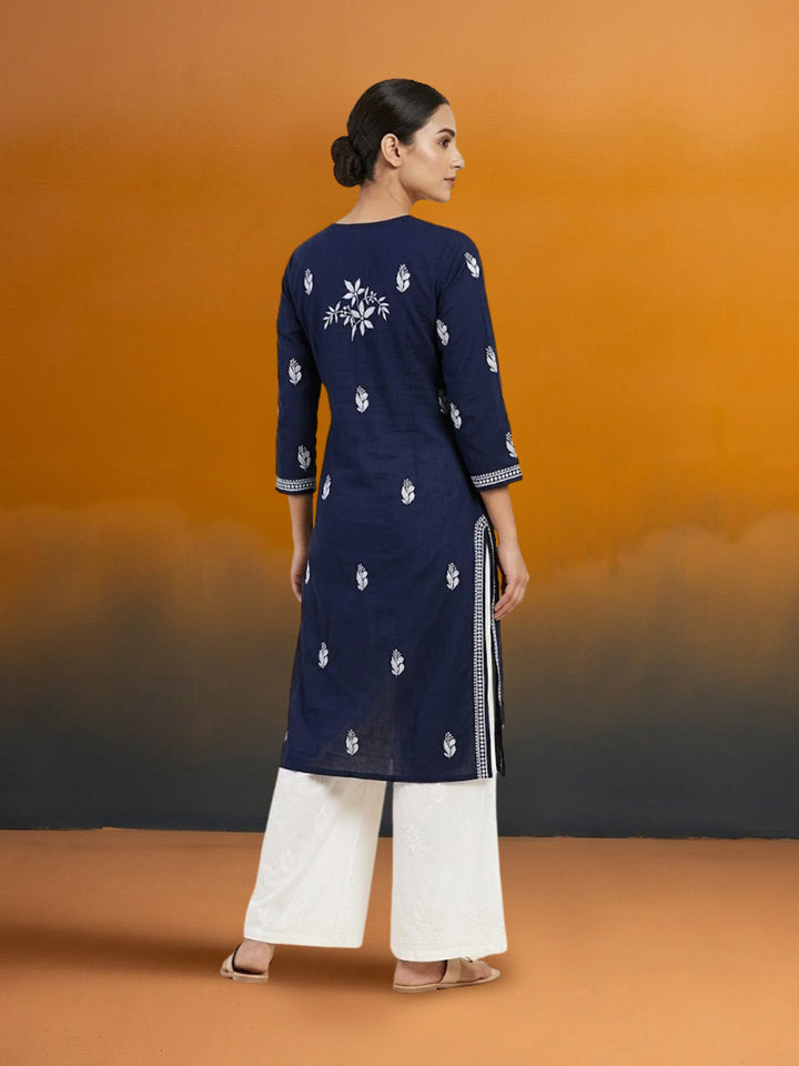 Hand Embroidered Chikankari Cotton Straight Kurta- PC3372 Navy