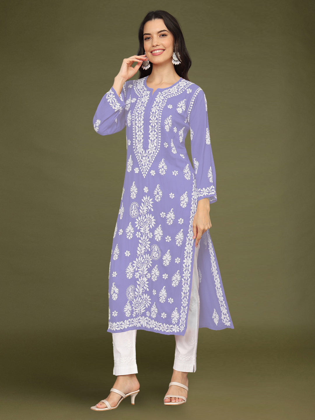 Hand Embroidered Chikankari Modal Straight Kurta- PC4042 Lavender
