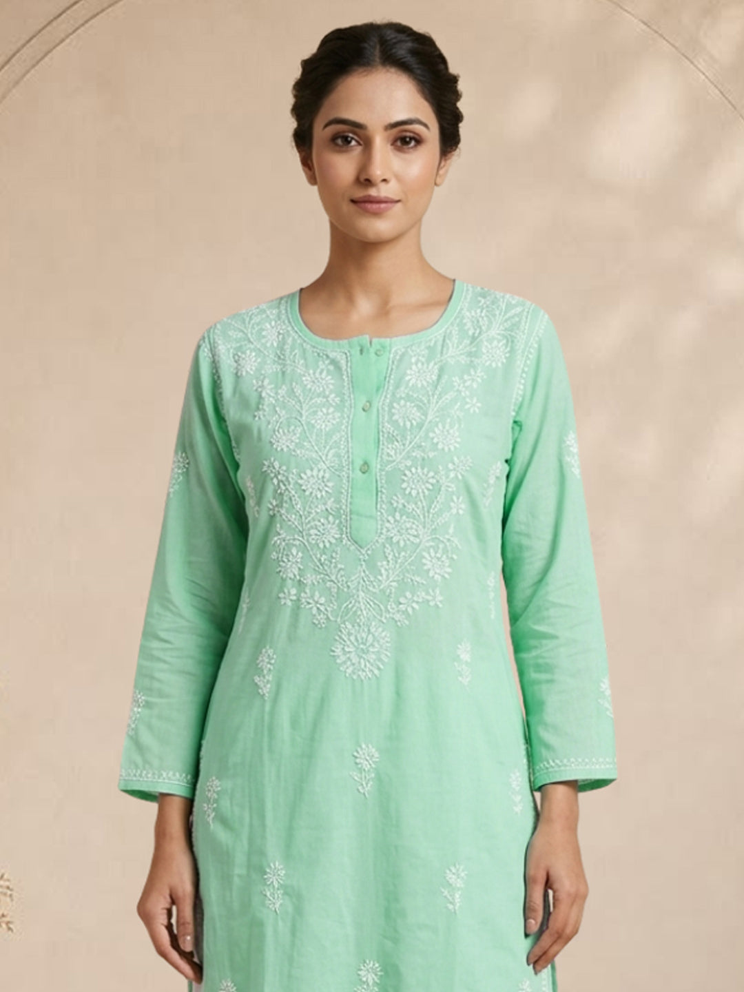 Hand Embroidered Chikankari Straight Floral  Cotton Kurta -NTV115 Lightseagreen