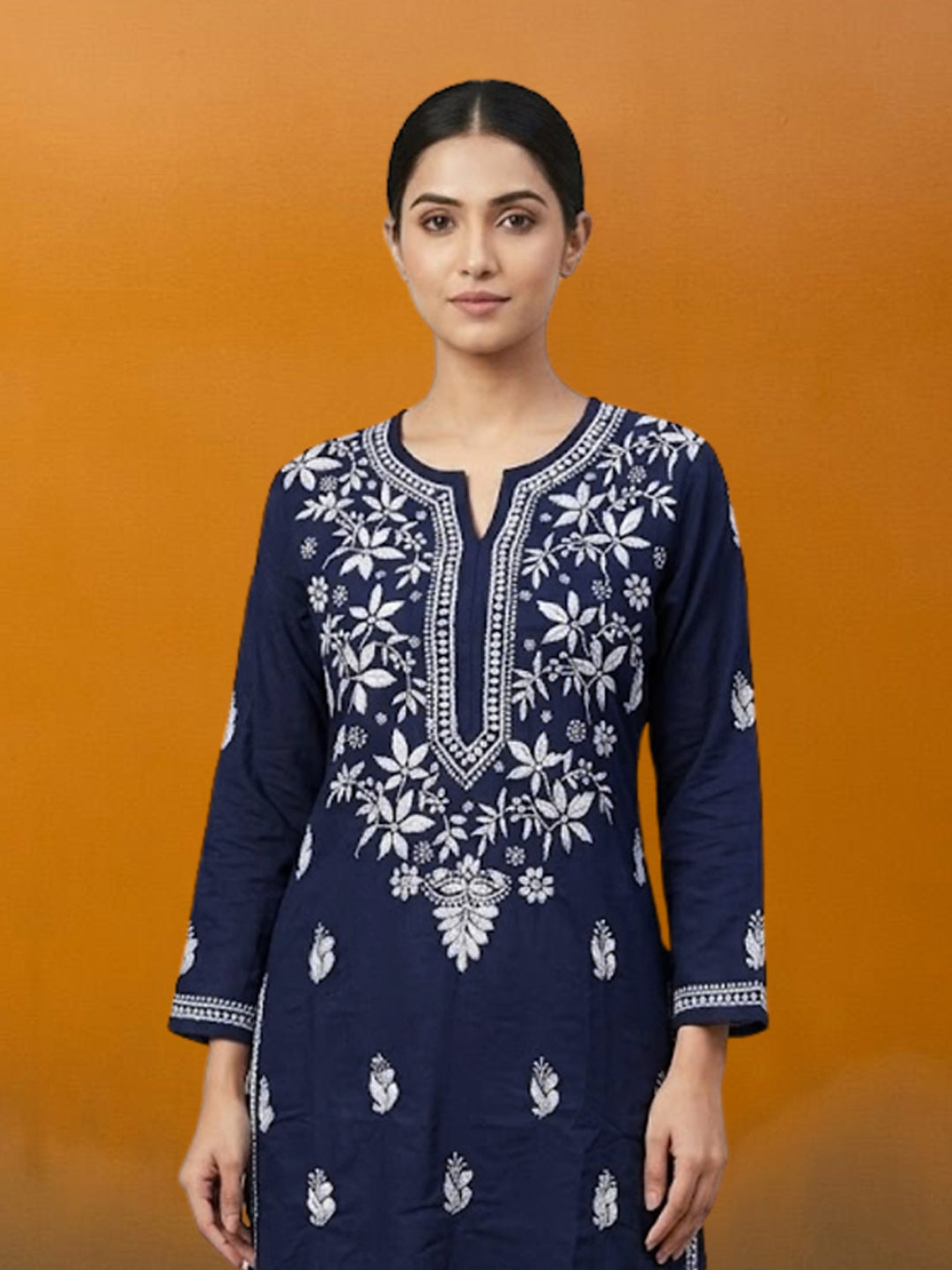 Hand Embroidered Chikankari Cotton Straight Kurta- PC3372 Navy