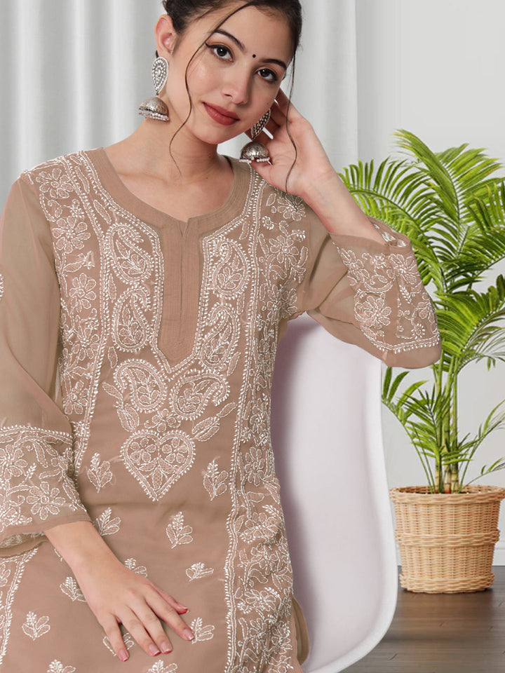 Hand Embroidered Chikankari Georgette straight Kurta With Matching Slip- PC3485