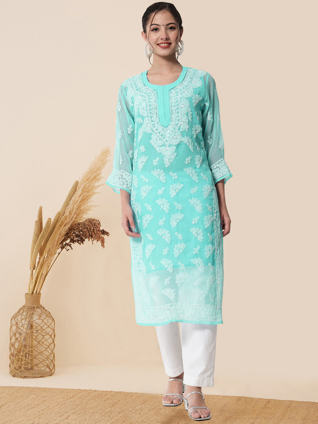 Women Hand Embroidered Chikankari Georgette Straight Kurta With Matching Slip- PC3545