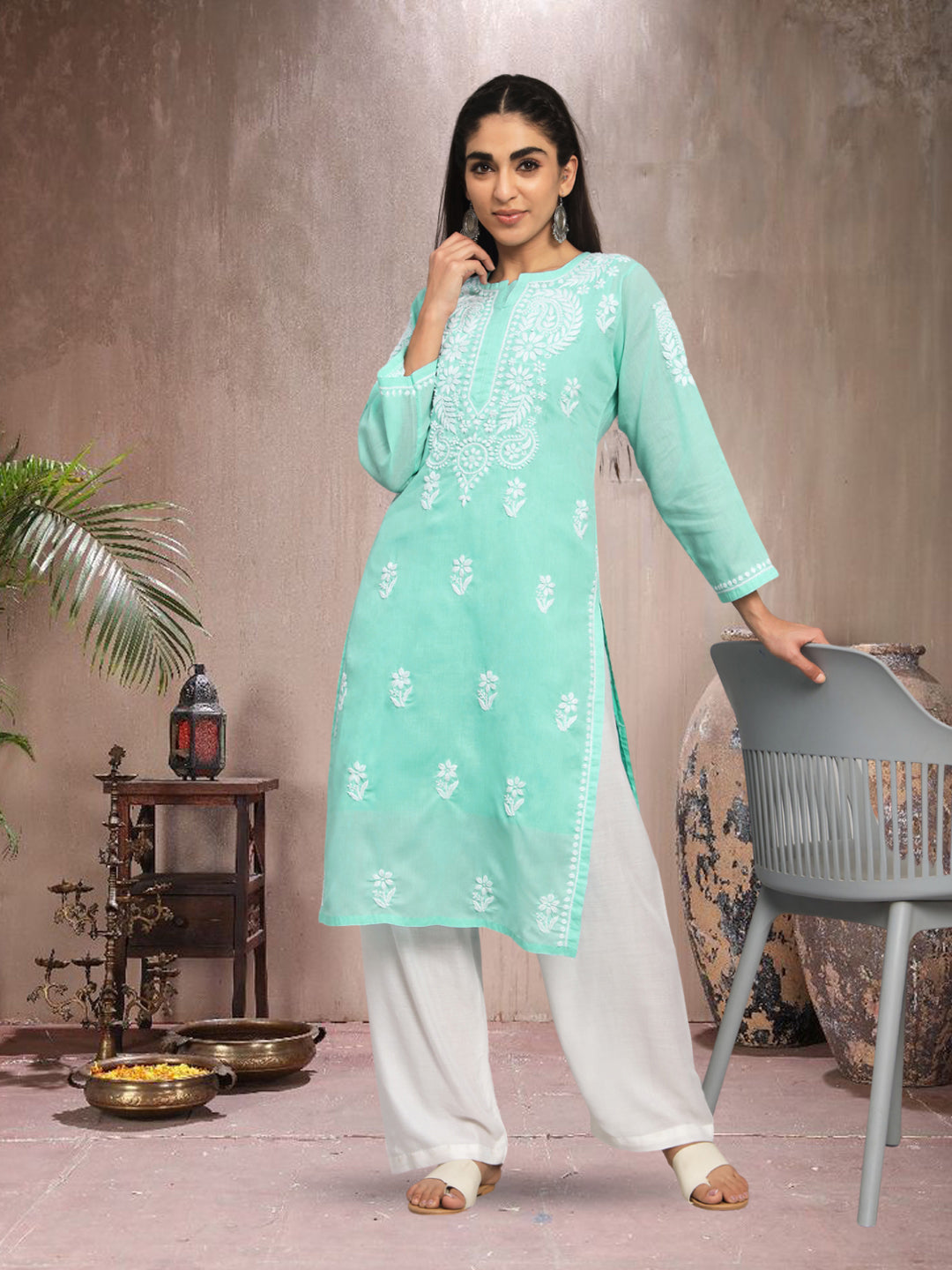 Hand Embroidered Chikankari Cotton Straight Kurta- PC3561