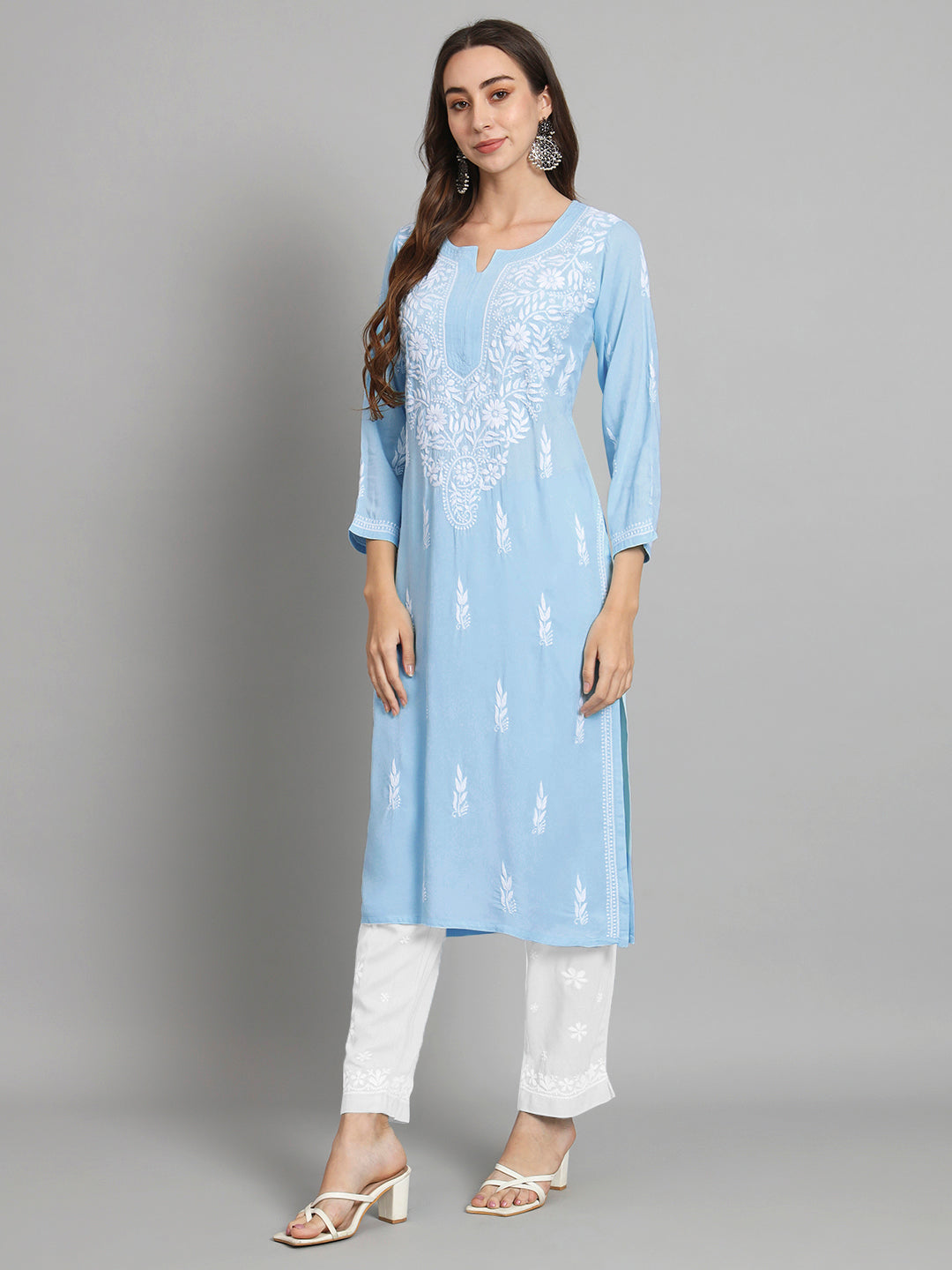 Hand Embroidered White Chikankari Rayon straight Kurta-PC3451