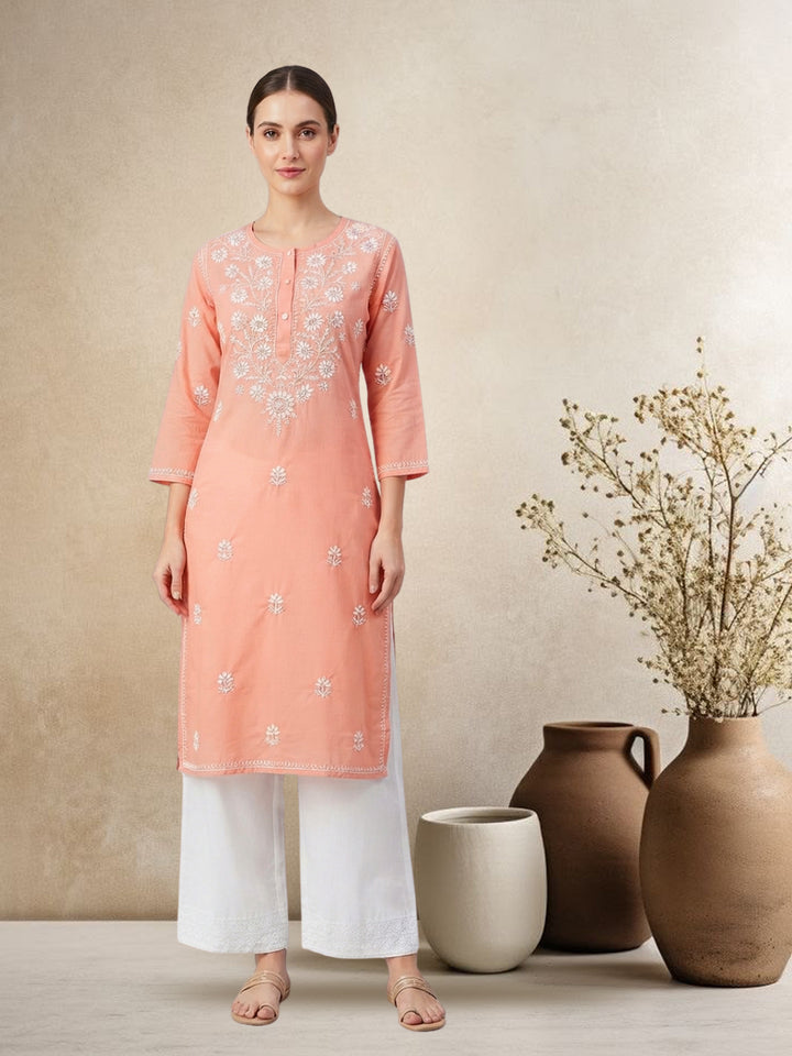 Hand Embroidered Chikankari Straight Floral Cotton Kurta-NTV115 Peachpuff