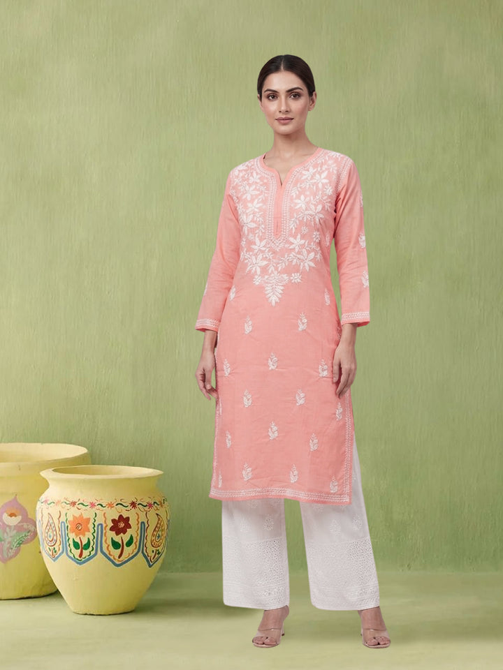 Hand Embroidered Chikankari Cotton Straight Kurta- PC3372 Peachpuff