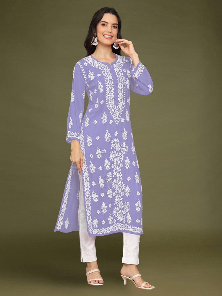 Hand Embroidered Chikankari Modal Straight Kurta- PC4042 Lavender