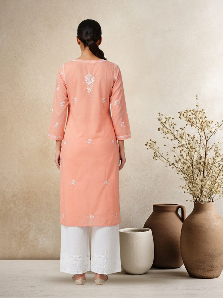 Hand Embroidered Chikankari Straight Floral Cotton Kurta-NTV115 Peachpuff