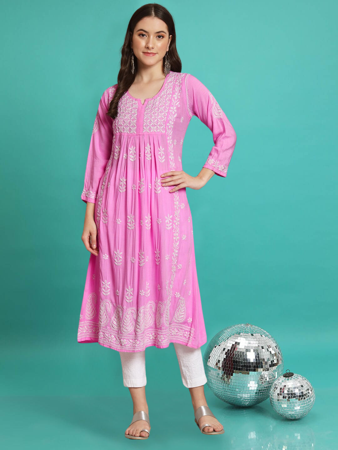 Hand Embroidered Chikankari Modal A-Line Kurta - PC3549