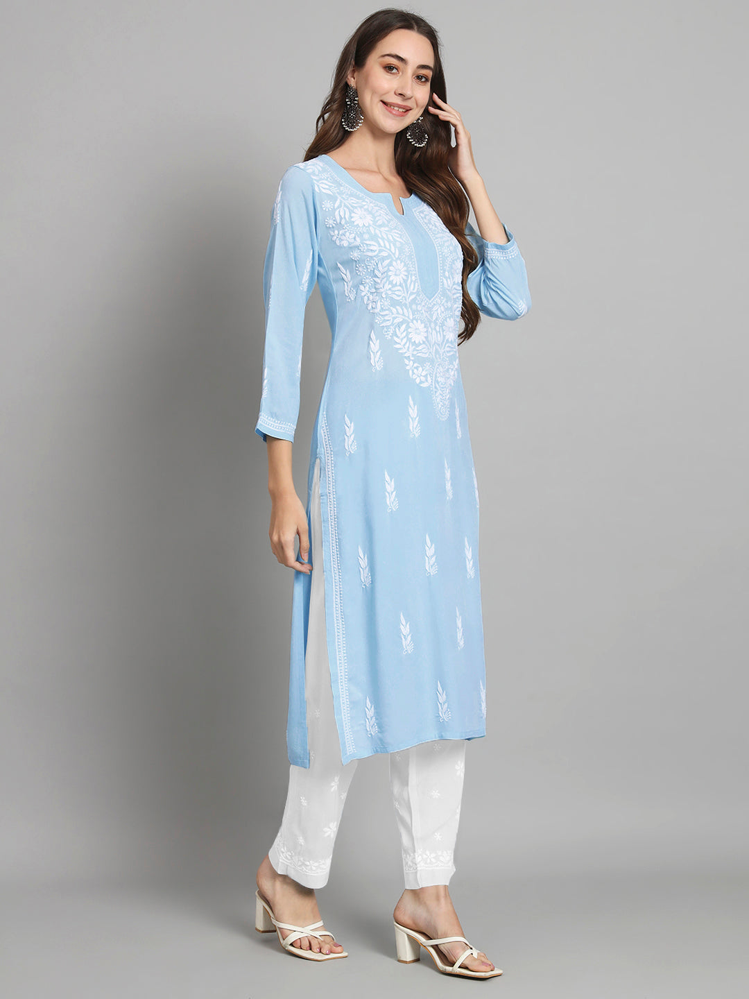 Hand Embroidered White Chikankari Rayon straight Kurta-PC3451