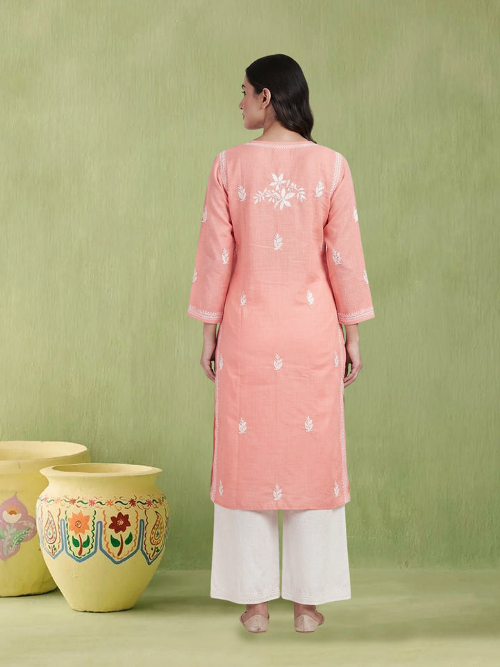 Hand Embroidered Chikankari Cotton Straight Kurta- PC3372 Peachpuff
