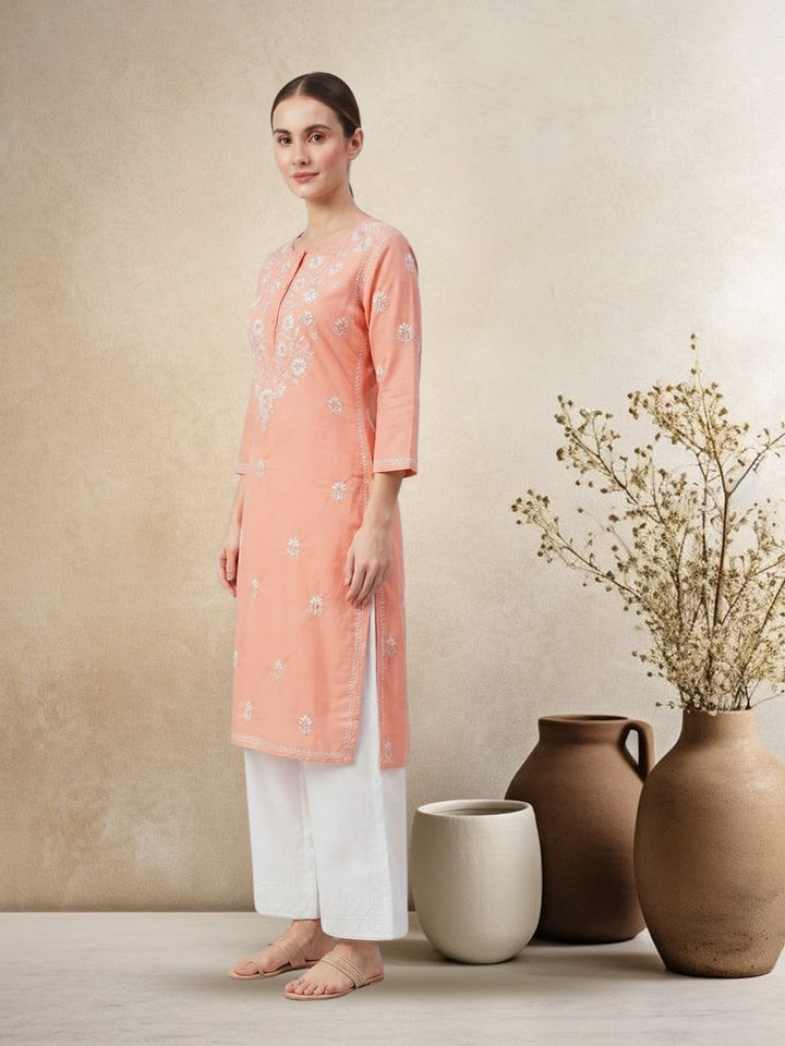 Hand Embroidered Chikankari Straight Floral Cotton Kurta-NTV115 Peachpuff