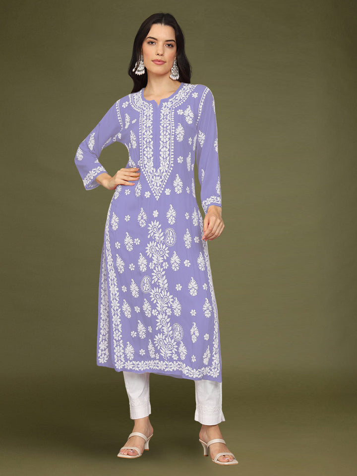 Hand Embroidered Chikankari Modal Straight Kurta- PC4042 Lavender