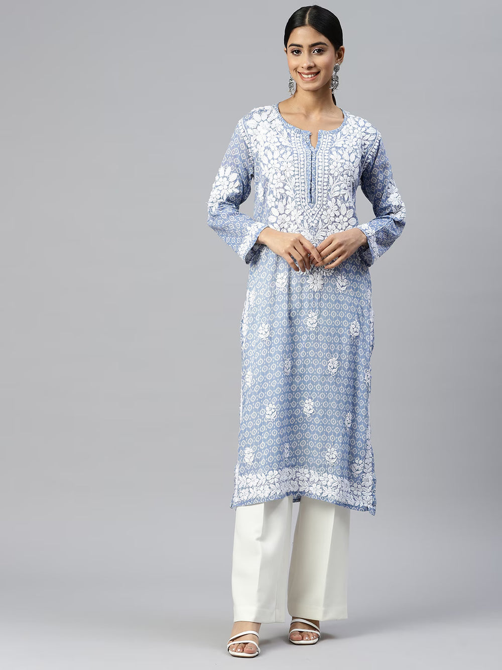 Blue Chikankari Straight Floral Cotton Kurta – Style 2