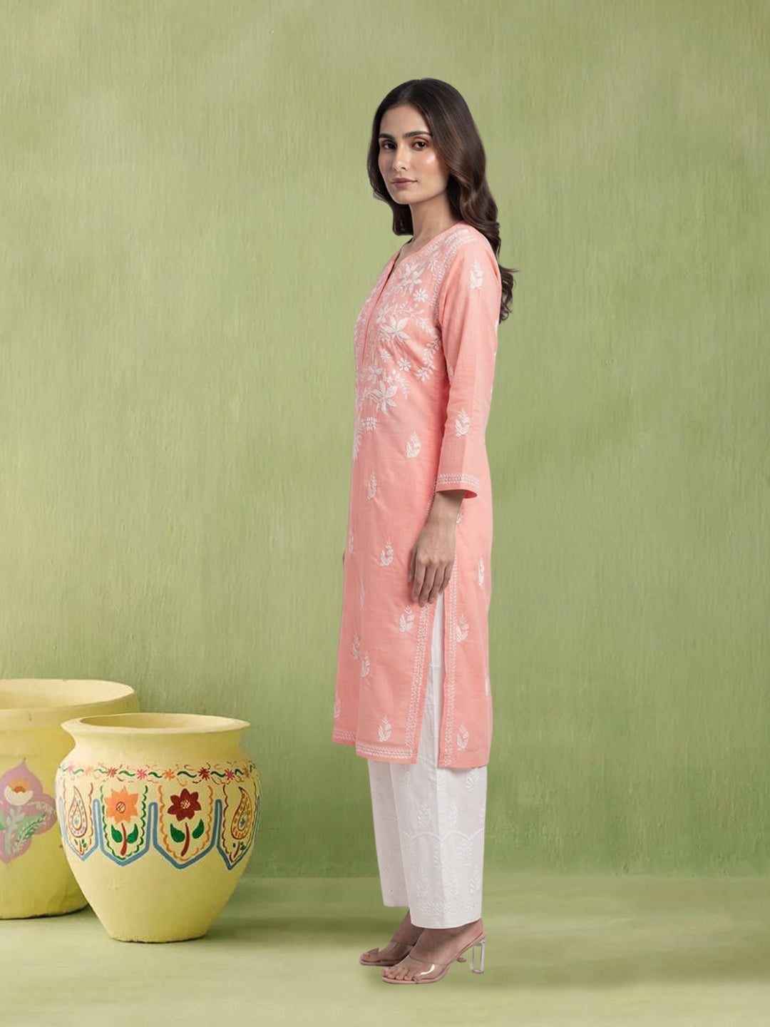 Hand Embroidered Chikankari Cotton Straight Kurta- PC3372 Peachpuff